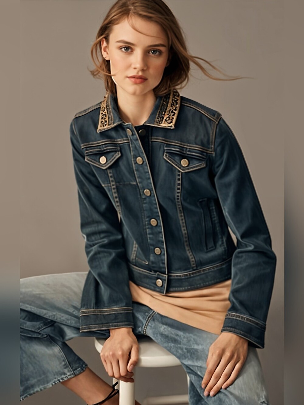 Anthropologie Holding Horses Denim Jacket with Beaded Collar - Blue
